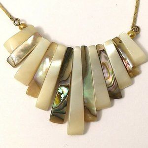 Vintage Mother of Pearl Fan Style Necklace Gold Plated Chain Iridescent 11 Piece